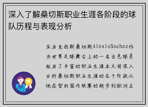 深入了解桑切斯职业生涯各阶段的球队历程与表现分析